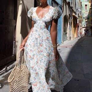 LoveShackFancy Clemence Silk Floral Midi Dress in Ivory Size 2